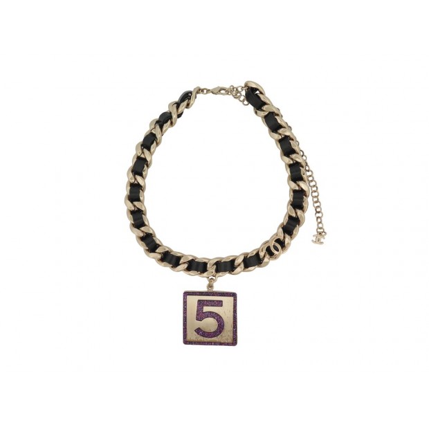 COLLIER CHANEL CHOCKER PLAQUE LOGO CC NUMERO 5 CUIR CHAINE 34-48 NECKLACE 1200€