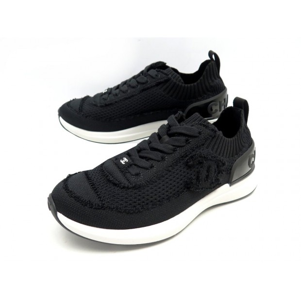 NEUF CHAUSSURES CHANEL BASKETS CC TRAINER G38332 37.5 TOILE NOIR SNEAKERS 1130€