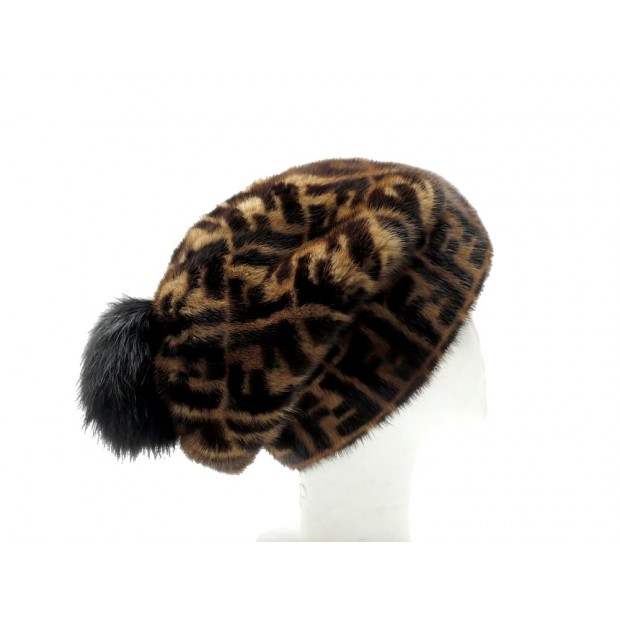 NEUF BONNET FENDI MONOGRAMME ZUCCA FNX085 S FOURRURE RENARD VISON NEW CAP FUR