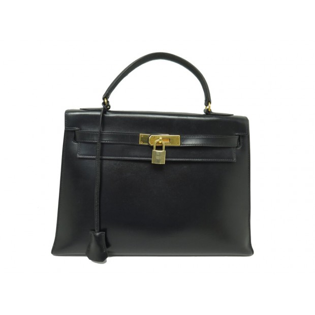 VINTAGE SAC A MAIN HERMES KELLY 33 SELLIER CUIR BOX NOIR BLACK LEATHER HAND BAG