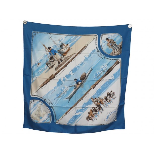 FOULARD HERMES GRONLAND PAR PHILIPPE LEDOUX SOIE BLEUE GROENLAND SILK SCARF 495€