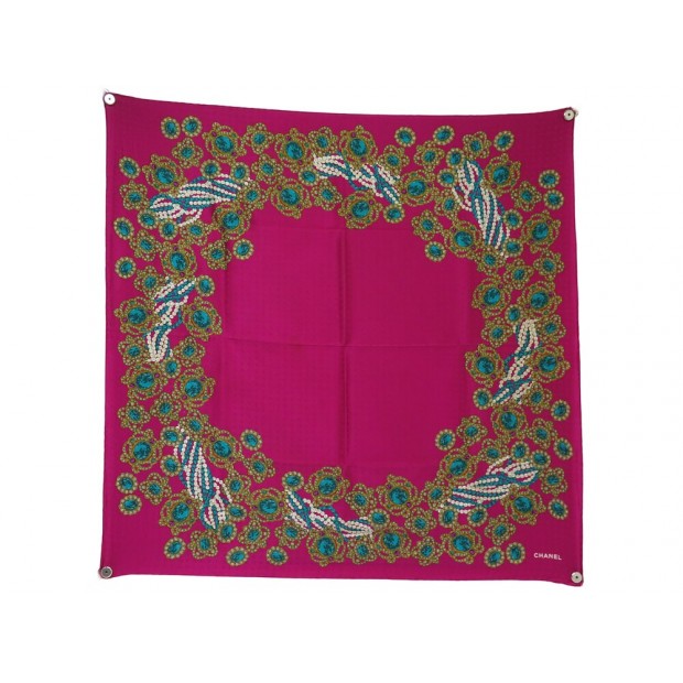 VINTAGE FOULARD CHANEL CARRE EN SOIE FUSHIA BIJOUX CABOCHONS PERLES SCARF 530€