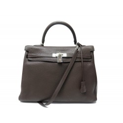 SAC A MAIN HERMES KELLY 35 RETOURNE CUIR TOGO MARRON BANDOULIERE HAND BAG PURSE