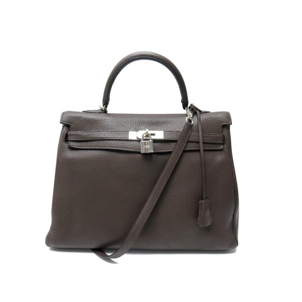 SAC A MAIN HERMES KELLY 35 RETOURNE CUIR TOGO MARRON BANDOULIERE HAND BAG PURSE