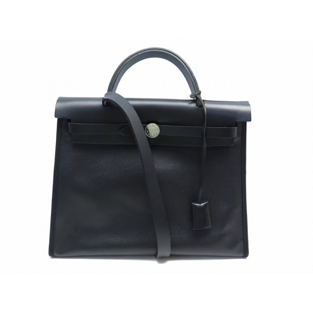 SAC A MAIN HERMES HERBAG 31 SELLIER EN TOILE & CUIR NOIR BANDOULIERE PURSE BAG