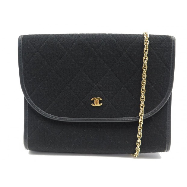 VINTAGE SAC A MAIN CHANEL JERSEY NOIR MATELASSE CIRCA 1980 POCHETTE BANDOULIERE