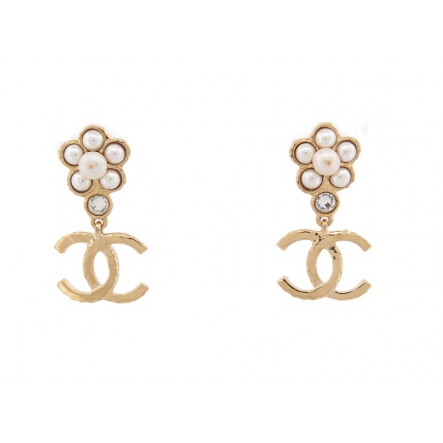 NEUF BOUCLES D'OREILLES CHANEL LOGO CC PENDANTES PERLES & STRASS EARRINGS 750€