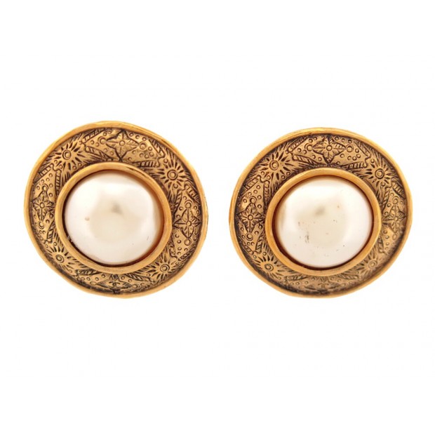 VINTAGE BOUCLES D'OREILLE CHANEL GRANDES PUCES RONDES PERLES METAL DORE EARRINGS