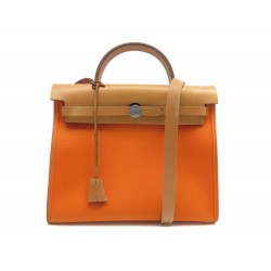 SAC A MAIN HERMES HERBAG ZIP 31 EN CUIR & TOILE ORANGE BANDOULIERE POCHETTE BAG