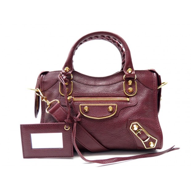 NEUF SAC A MAIN BALENCIAGA MINI CITY 300295 BANDOULIERE CUIR BORDEAUX BAG 1590€