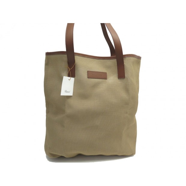 NEUF SAC A MAIN CHOPARD CABAS EN TOILE BEIGE & CUIR MARRON POCHON TOTE BAG PURSE