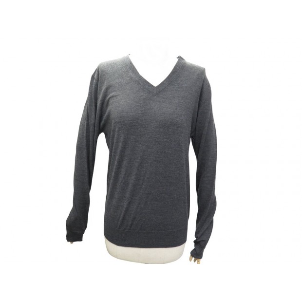 NEUF PULL HERMES COL V H547495 HOMME 48 LAINE GRIS CARBONE HAUT TOP SWEATER 570€