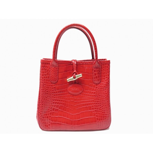 SAC A MAIN LONGCHAMP ROSEAU 2396158608 CUIR FACON CROCO ROUGE CABAS HANDBAG 500€