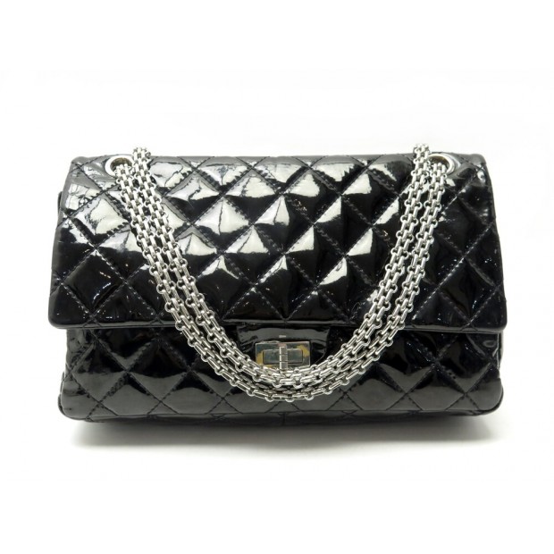 SAC A MAIN CHANEL GRAND 2.55 CUIR VERNIS NOIR BANDOULIERE HAND BAG PURSE 11100€