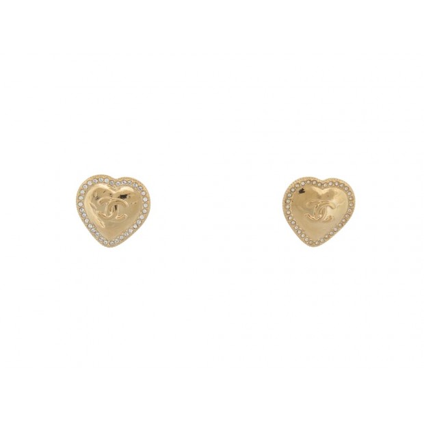 NEUF BOUCLE D'OREILLES CHANEL PUCES COEUR & LOGO CC STRASS METAL EARRINGS 520€