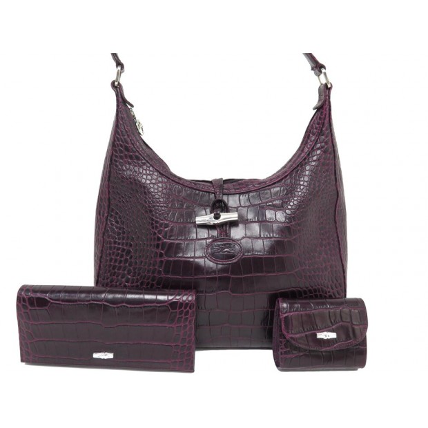 NEUF SAC A MAIN LONGCHAMP ROSEAU + PORTEFEUILLE PORTE MONNAIE CUIR CROCO 890€