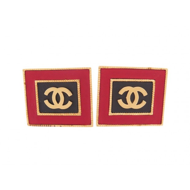 VINTAGE BOUCLE D'OREILLES CHANEL LOGO CC CARRE CUIR DE CASTELLANE 1987 EARRINGS