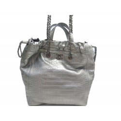 NEUF SAC A MAIN CHANEL SHOPPING LOGO CC CUIR FACON CROCODILE ARGENTE HAND BAG