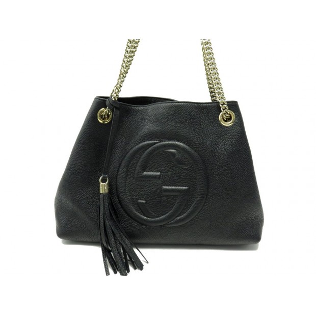 SAC A MAIN GUCCI CABAS SOHO 536196 LOGO GG CUIR GRAINE NOIR HAND BAG PURSE 2300€