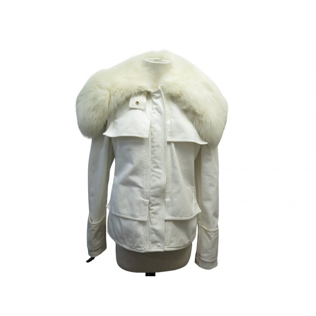 VESTE GUCCI 117999 BLOUSON EN DENIM COL AMOVIBLE FOURRURE RENARD BLANC L 44 COAT