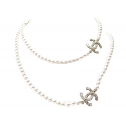 NEUF COLLIER CHANEL LOGO CC & PERLES SAUTOIR 110CM EN METAL DORE NECKLACE 1890€