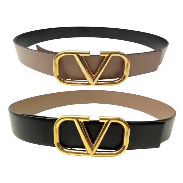 CEINTURE VALENTINO VLOGO SIGNATURE T85 REVERSIBLE EN CUIR NOIR & TAUPE BELT 480€