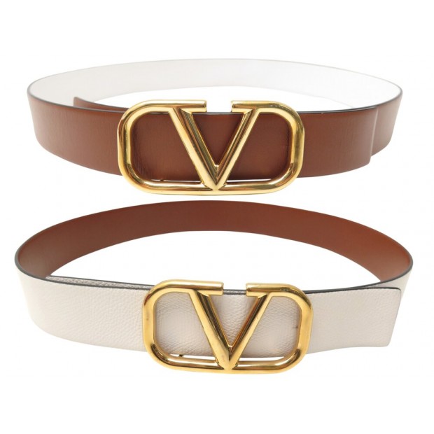 CEINTURE VALENTINO VLOGO SIGNATURE T85 REVERSIBLE CUIR BLANC & CAMEL BELT 480€