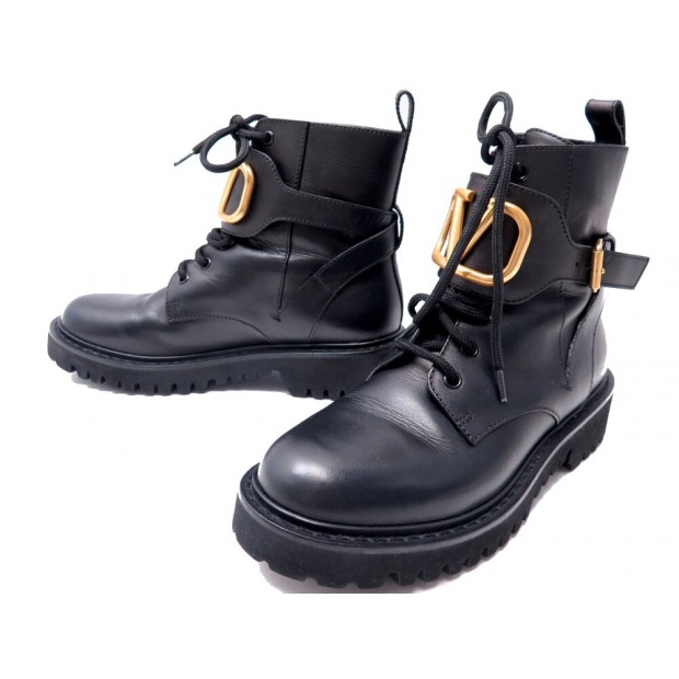 NEUF BOTTINES VALENTINO RANGERS VLOGO SIGNATURE 37 CUIR NOIR COMBAT BOOTS 1300€