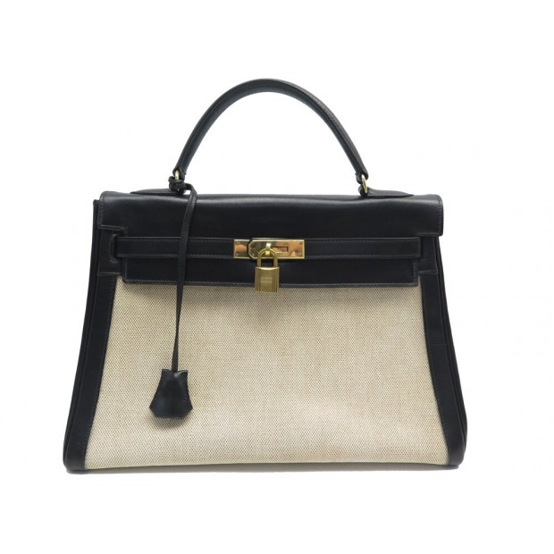 VINTAGE SAC A MAIN HERMES KELLY 32 RETOURNE 1970 EN TOILE & CUIR NOIR BAG 10000€