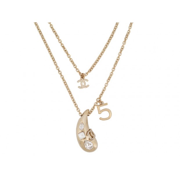 NEUF COLLIER CHANEL PENDENTIF GOUTTE LOGO CC STRASS 46-52CM DORE NECKLACE 1700€