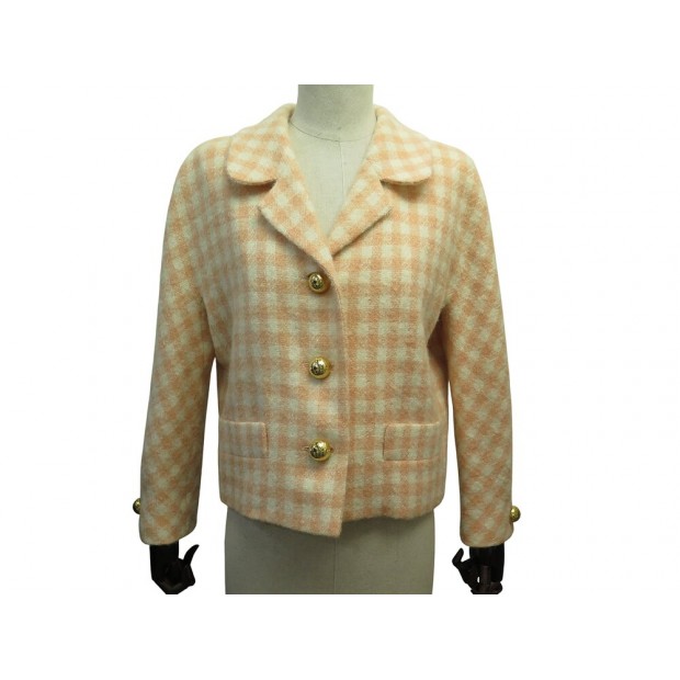 VINTAGE VESTE CELINE A CARREAUX T 40 M EN LAINE MOHAIR ROSE & CREME JACKET 2600€