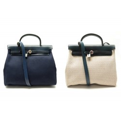 SAC A MAIN HERMES HERBAG 30CM AVEC 2 TOILES BLEUES ET ECRU BANDOULIERE BAG 2670€