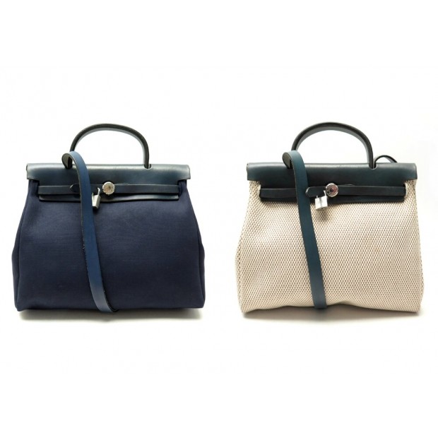 SAC A MAIN HERMES HERBAG 30CM AVEC 2 TOILES BLEUES ET ECRU BANDOULIERE BAG 2670€