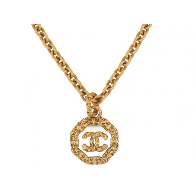 VINTAGE COLLIER CHANEL PENDENTIF LOGO CC 1993 CHAINE LARGE METAL DORE NECKLACE