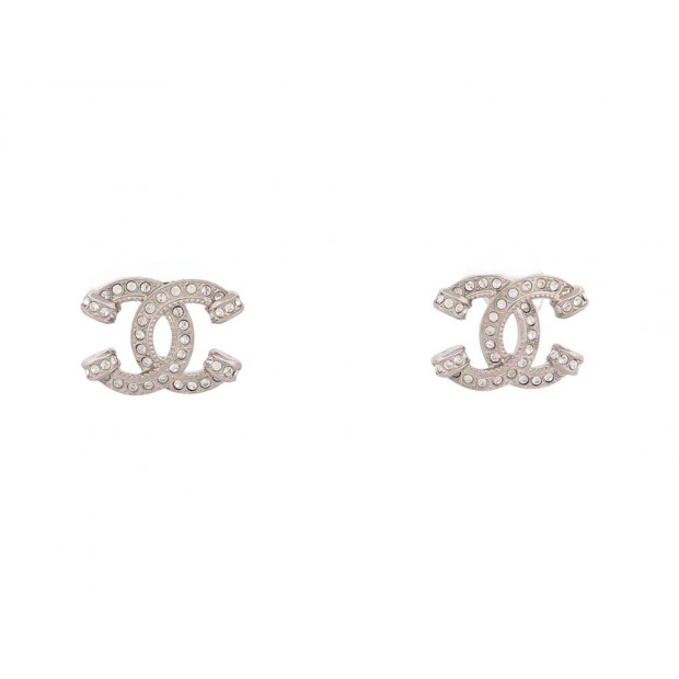 NEUF BOUCLES D'OREILLES CHANEL LOGO CC & STRASS METAL NEW SILVER EARRINGS 650€