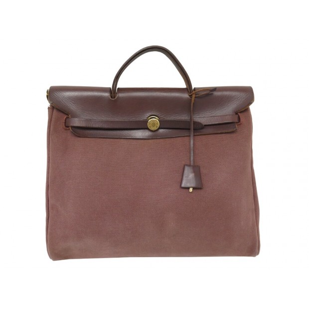 SAC A MAIN HERMES HERBAG ZIP 36 EN CUIR & TOILE MARRON BANDOULIERE POCHETTE BAG