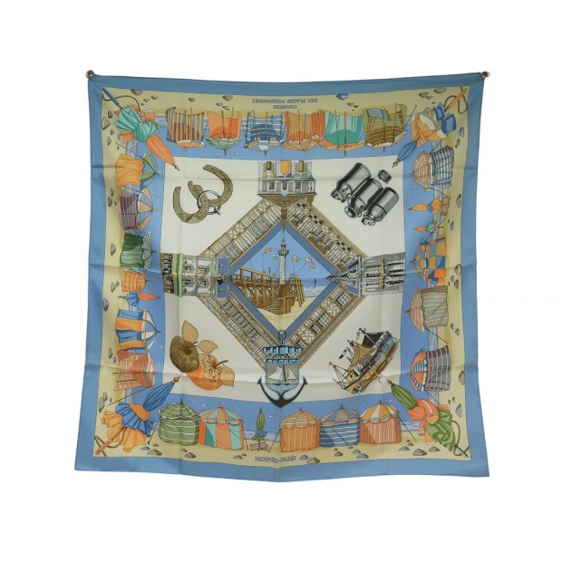 NEUF FOULARD HERMES LE CHARME DES PLAGES NORMANDES CARRE 90 SOIE SILK SCARF 495€