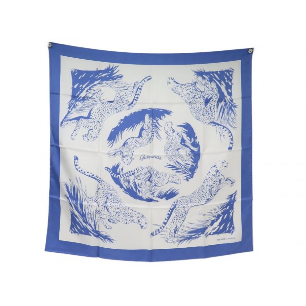 NEUF FOULARD HERMES GUEPARDS TATOO DALLET CARRE 90 H173208S SOIE BLEU SCARF 530€