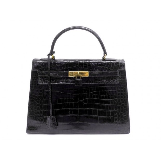 VINTAGE SAC A MAIN HERMES KELLY 32 SELLIER CUIR CROCODILE POROSUS NOIR HAND BAG