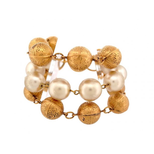 VINTAGE BRACELET CHANEL 3 RANGS PERLES BOULES METAL DOREES GOLDEN PEARLS BANGLE