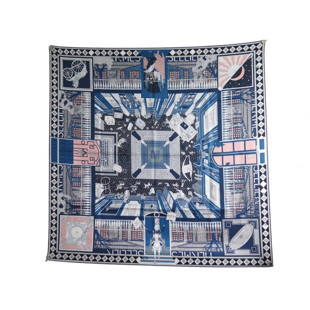 NEUF RARE FOULARD HERMES OBJETS DE CURIOSITE CARRE 90 SOIE BLEUE BLUE NEW SCARF