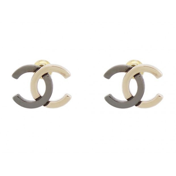 NEUF BOUCLES D'OREILLES CHANEL LOGO CC BICOLORE METAL NOIR ET DORE EARRINGS 600€