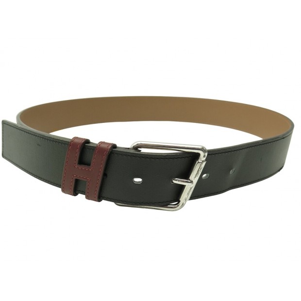 CEINTURE HERMES PARTNER EN CUIR BICOLORE NOIR ET BORDEAUX T85 LEATHER BELT 1000€