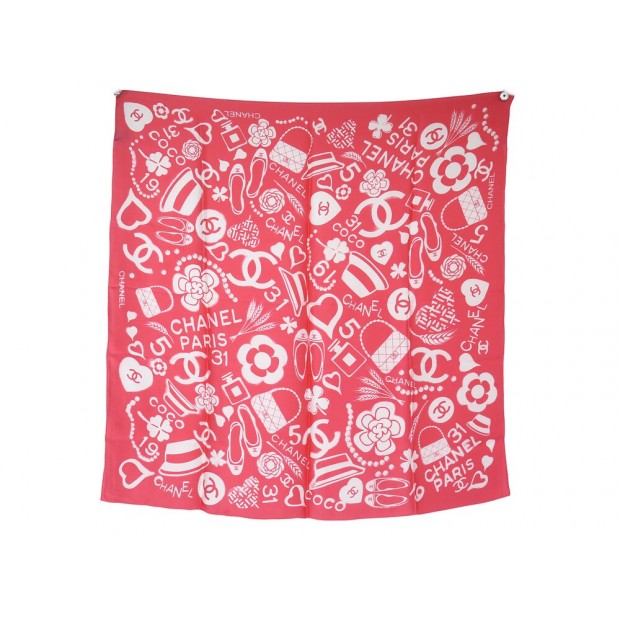 NEUF FOULARD CHANEL LOGO CC SAC CAMELIA CARRE 90 SOIE ROSE PINK SILK SCARF 530€