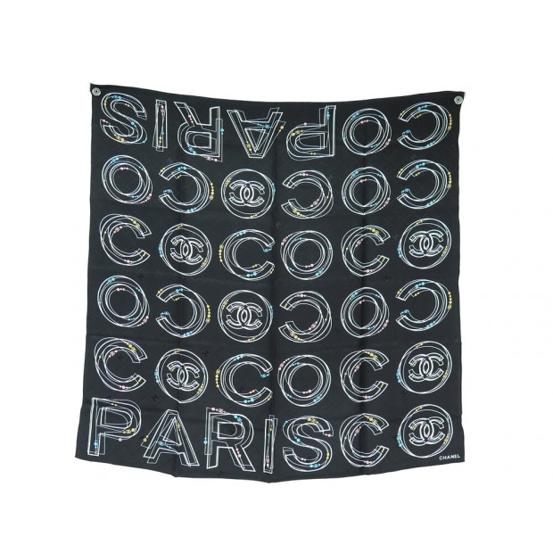 NEUF FOULARD CHANEL COCO PARIS LOGO CC CARRE 90 SOIE NOIRE BLACK SILK SCARF 530€