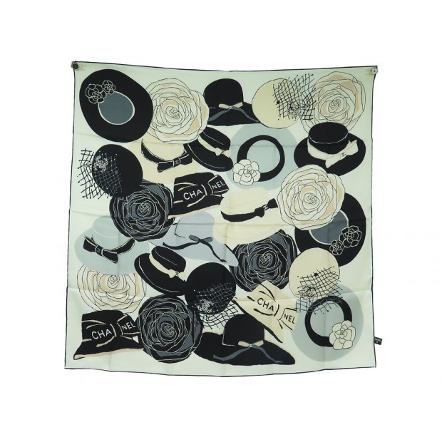 NEUF FOULARD CHANEL CAMELIA CHAPEAUX CARRE 90 EN SOIE BICOLORE SILK SCARF 530€