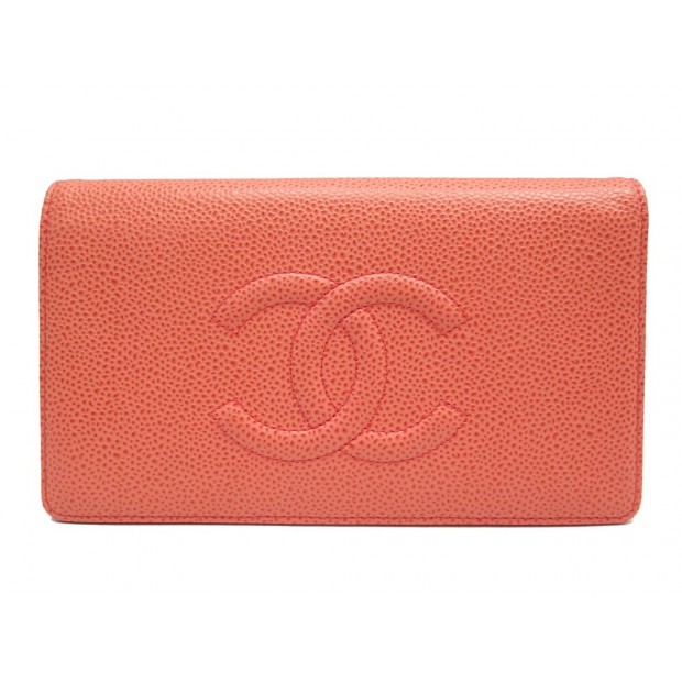 NEUF PORTEFEUILLE CHANEL LOGO CC EN CUIR CAVIAR PORTE CARTES CORAIL WALLET 1800€