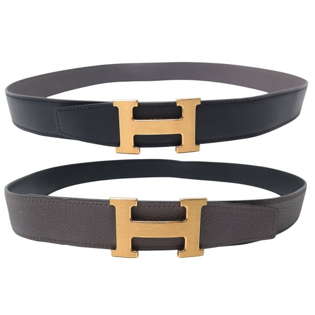 CEINTURE HERMES BOUCLE H 32 MM REVERSIBLE CUIR NOIR ET ETOUPE 90 BLACK BELT 770€