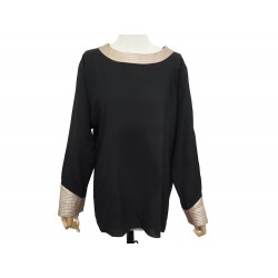 TOP HERMES TUNIQUE COL ET POIGNETS DORES 40 M SOIE NOIRE BLACK SILK SHIRT 1400€