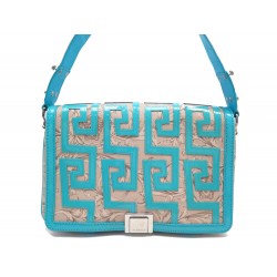 SAC A MAIN VERSACE PORTE EPAULE 28CM TOILE ET CUIR VERNIS BLEU HAND BAG PURSE